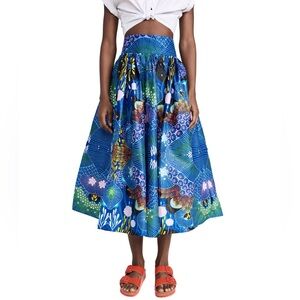 RARE ELISAMAMA Navy Blue Ebun Novelty Print Poplin Banded Waist Skirt Sz S